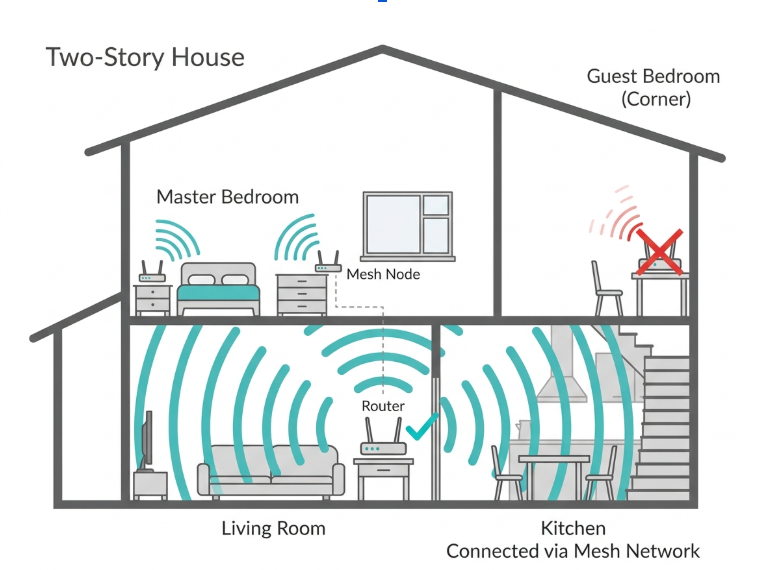 Flat cross-section diagram showing ideal central router placement on the ground floor of a two-story Philippine home with a mesh node upstairs