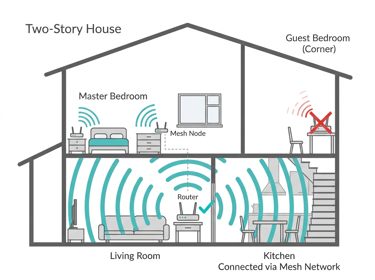 Flat cross-section diagram showing ideal central router placement on the ground floor of a two-story Philippine home with a mesh node upstairs