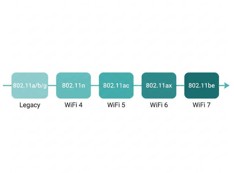 Flat timeline diagram showing IEEE 802.11 WiFi standards from 802.11a to 802.11be with corresponding WiFi generation names