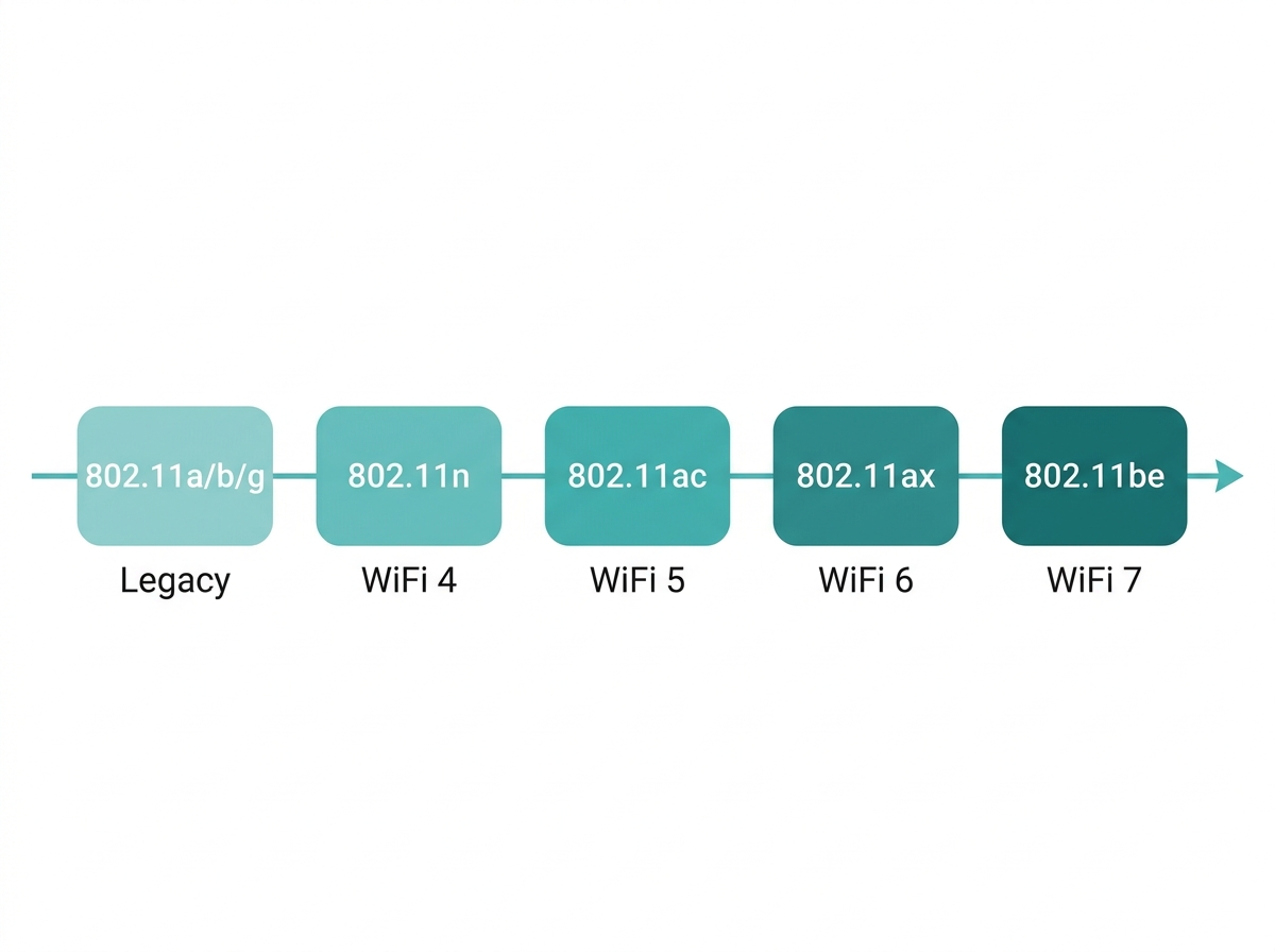Flat timeline diagram showing IEEE 802.11 WiFi standards from 802.11a to 802.11be with corresponding WiFi generation names