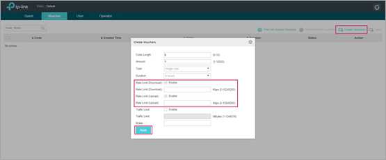 TP-Link EAP controller Create Vouchers screen — setting download and upload limits