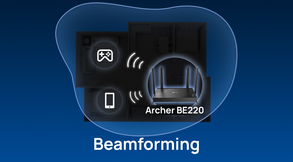 Beamforming diagram showing TP-Link router directing Wi-Fi signal toward connected devices rather than broadcasting in all directions — 2026 guide