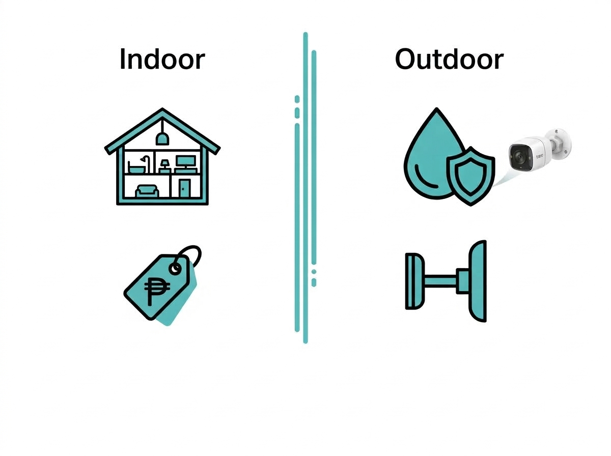 Alt text: Flat design side-by-side infographic comparing indoor and outdoor security camera specs across weatherproofing, cost, installation, and best use case Caption: Indoor: no weatherproofing, lower cost, minimal wiring, best for interiors. Outdoor: IP65+ weatherproofing, higher cost, mounting required, best for perimeters. 