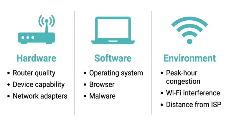 Three factors affecting internet speed in Philippine homes - hardware, software, and environmental factors shown in a three-panel flat design infographic