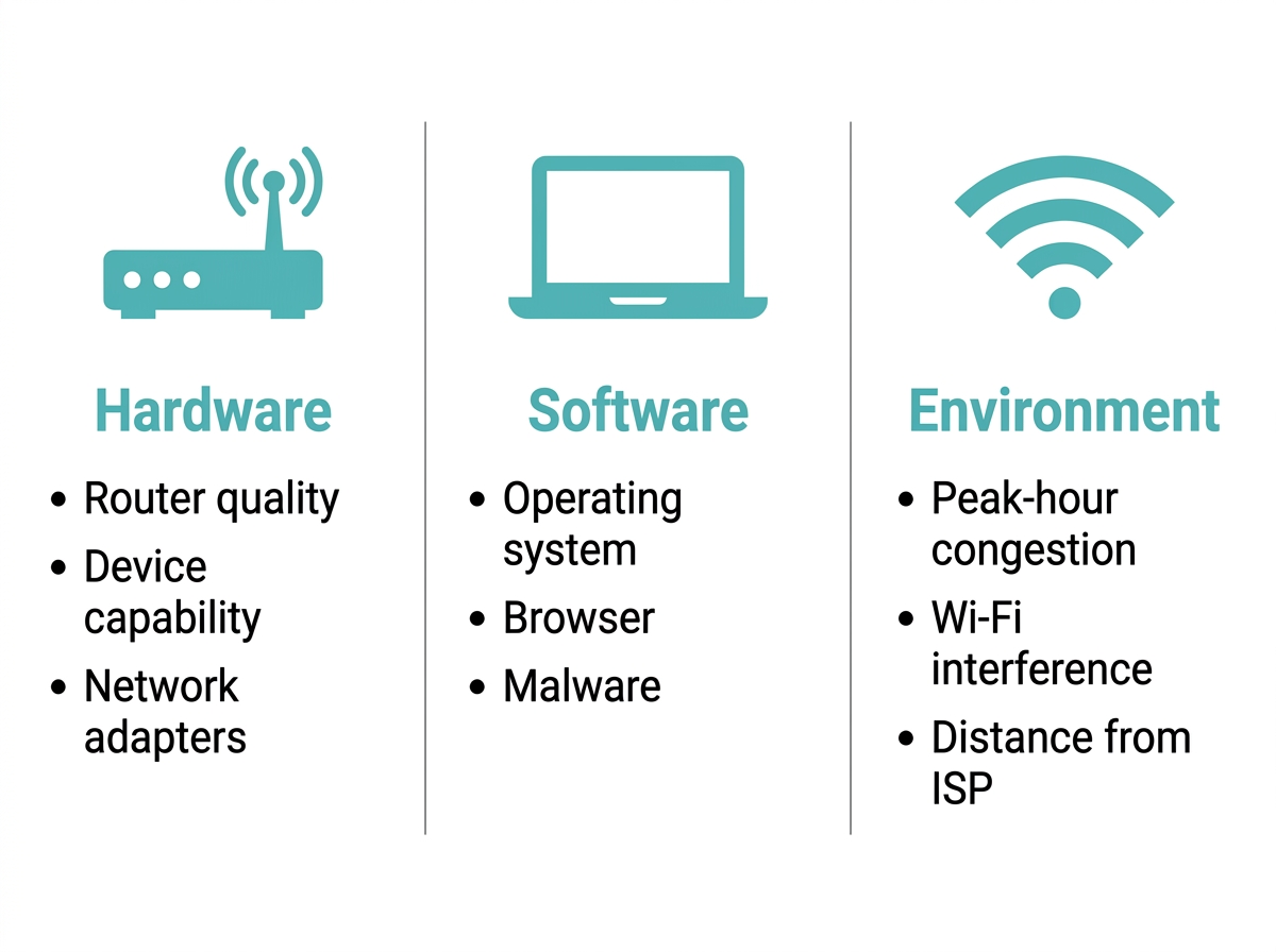 Three factors affecting internet speed in Philippine homes - hardware, software, and environmental factors shown in a three-panel flat design infographic