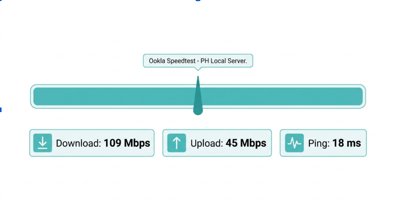 How internet speed is measured - download speed, upload speed, and ping illustrated with Mbps and millisecond units for Philippine broadband users