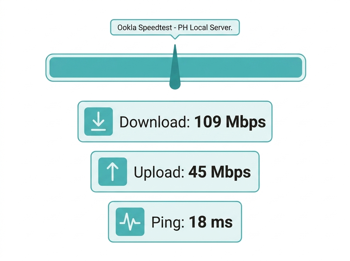 How internet speed is measured - download speed, upload speed, and ping illustrated with Mbps and millisecond units for Philippine broadband users