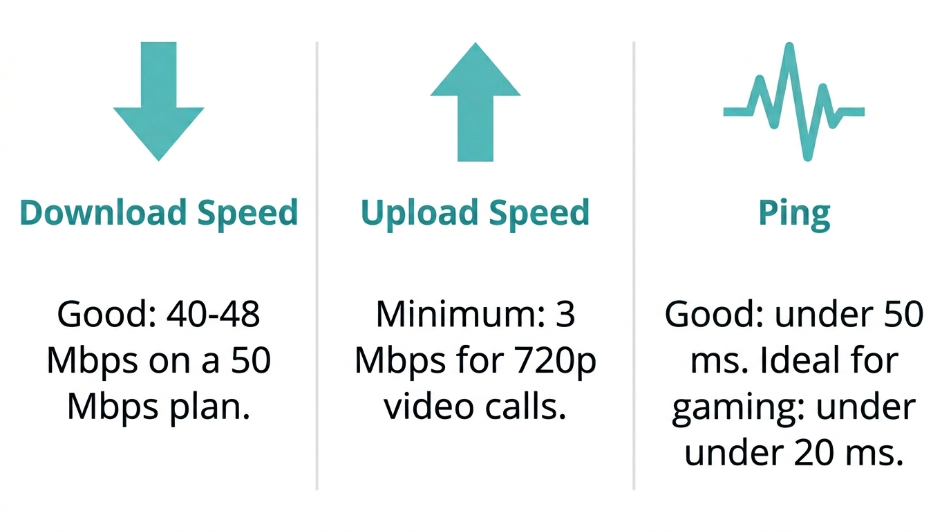 Internet speed test metrics explained - download speed, upload speed, and ping latency for Philippine broadband users