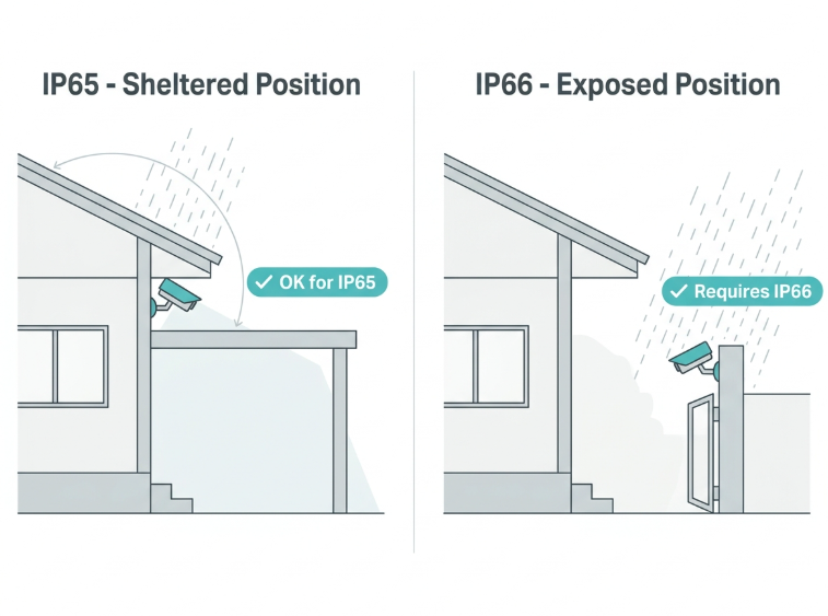 IP65 vs IP66 outdoor camera placement guide for Philippine homes - sheltered eave position vs fully exposed gate post during typhoon rain