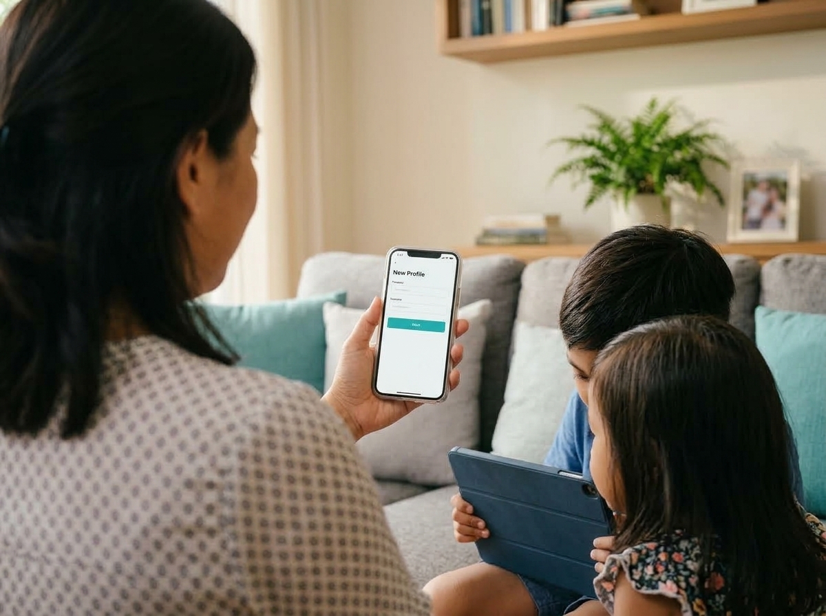 Filipino mother creating a kid-safe Wi-Fi profile in the TP-Link Tether app while her two children watch
