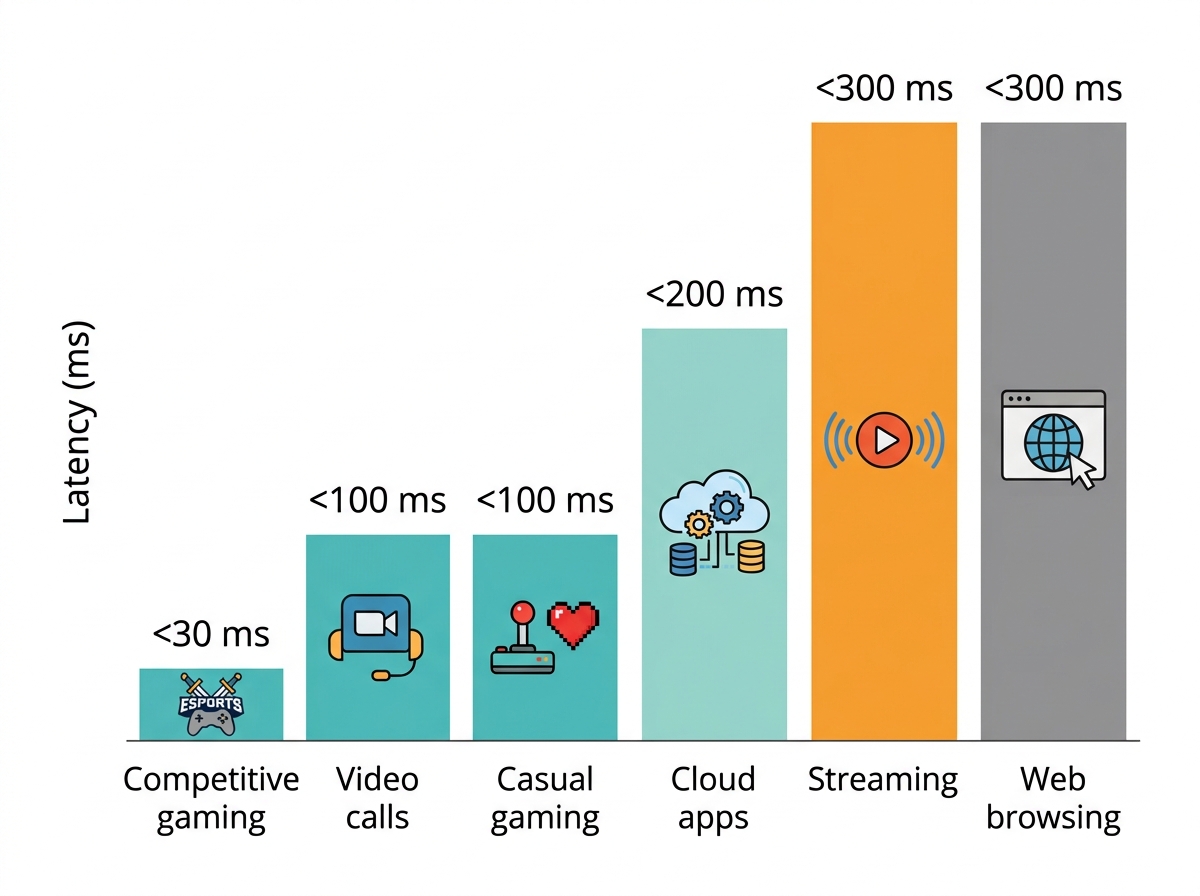 Latency requirements by use case - gaming, video calls, streaming, cloud apps, and IoT illustrated guide