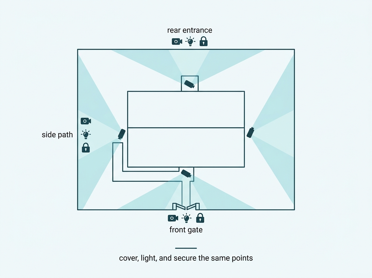 Simple house plan showing camera coverage, lighting, and gates marked at the front, side, and rear approaches