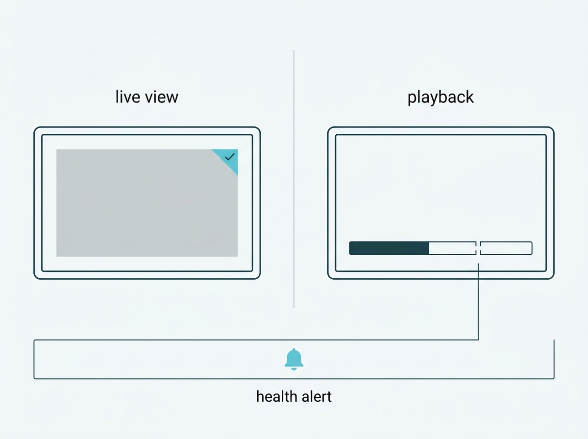 : A camera showing a live image beside an empty playback timeline, with a health alert flagging the gap