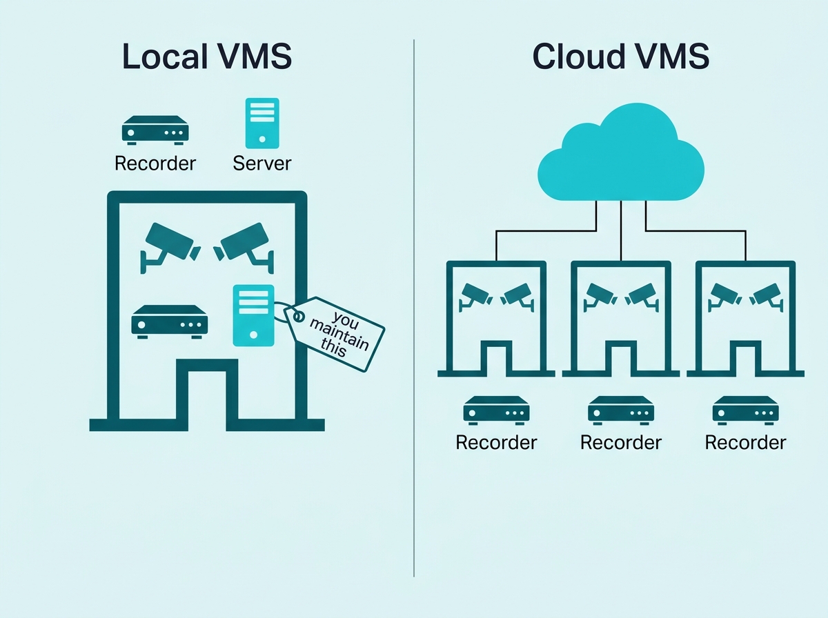 A management server inside one site compared with a cloud platform reaching three sites without local servers