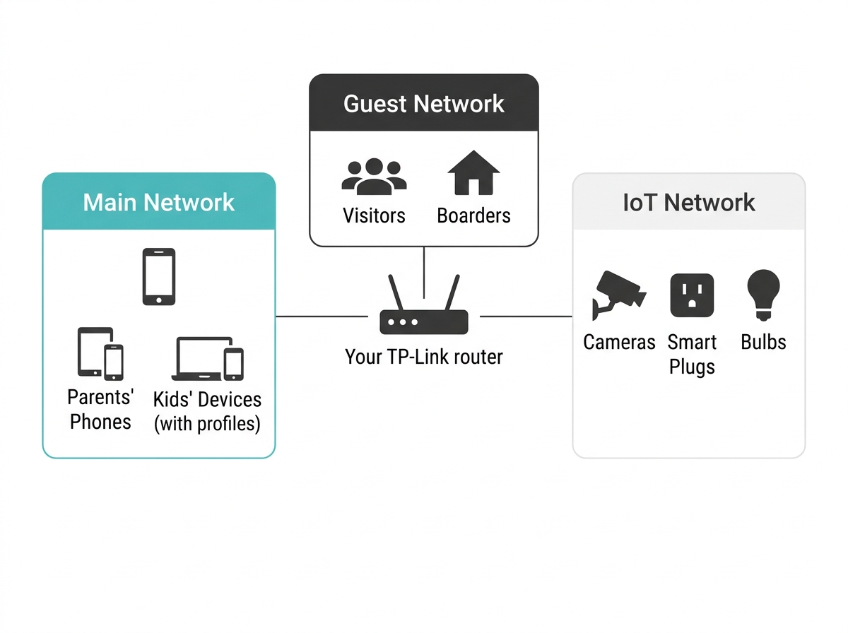 Home network layout with family devices and kid profiles on the main network, visitors on the guest network, and smart devices on the IoT network