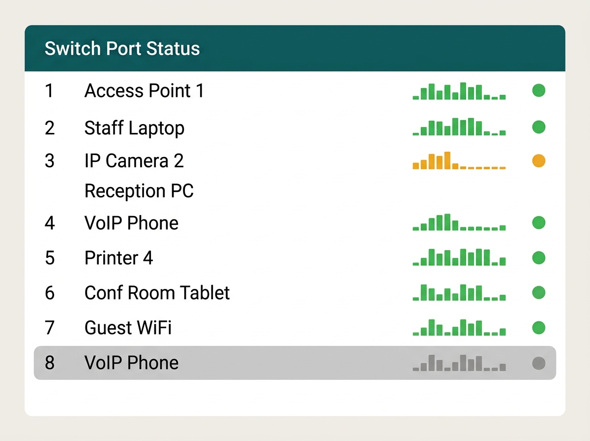 Simplified switch dashboard showing eight ports with device names, throughput, and one port flagged offline