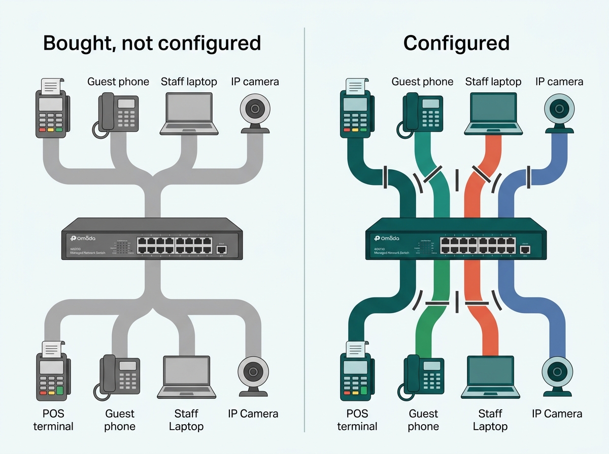 Two panels showing the same managed switch running as a flat network when unconfigured and as four isolated segments once VLANs are assigned