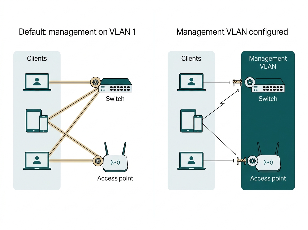 Comparison showing device administration interfaces reachable from the client VLAN, beside management isolated on its own VLAN