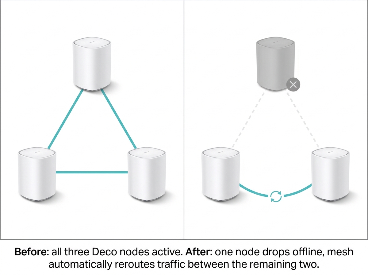 Before and after diagram showing real TP-Link Deco mesh nodes automatically rerouting when one node goes offline