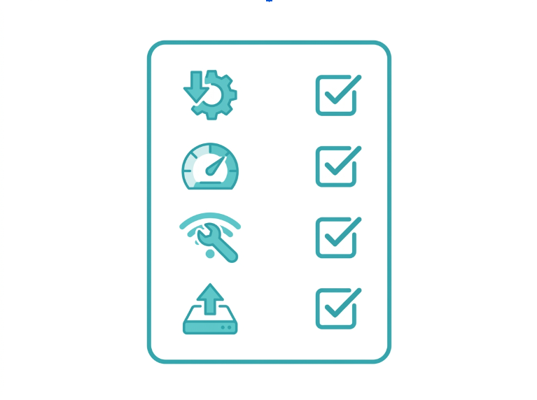 Checklist illustration for maintaining a mesh WiFi system including firmware updates and speed tests