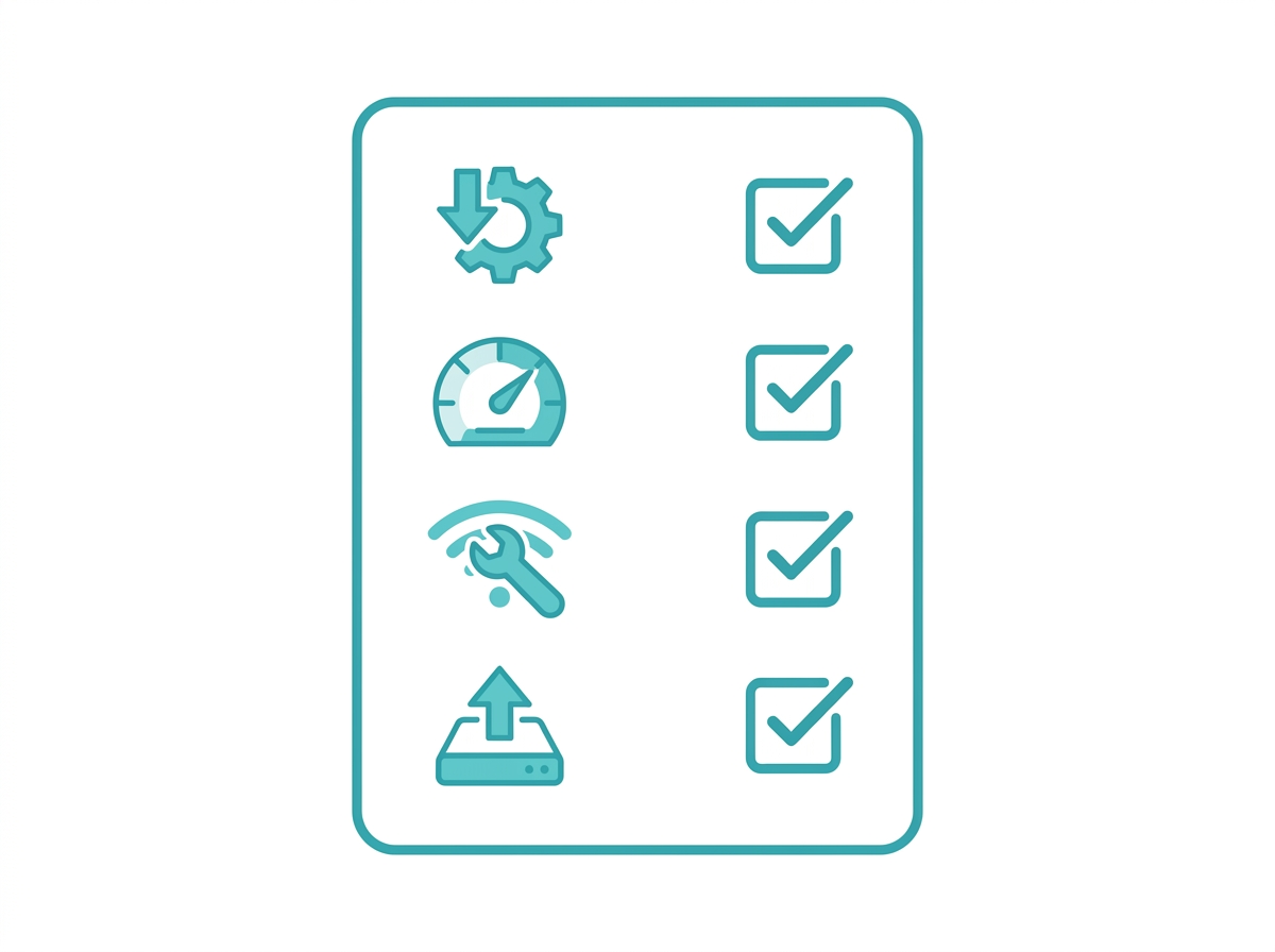 Checklist illustration for maintaining a mesh WiFi system including firmware updates and speed tests