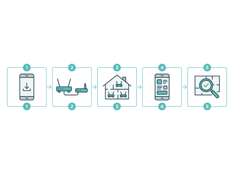 Five-step flow diagram showing how to set up a mesh WiFi system from downloading the app to testing the network