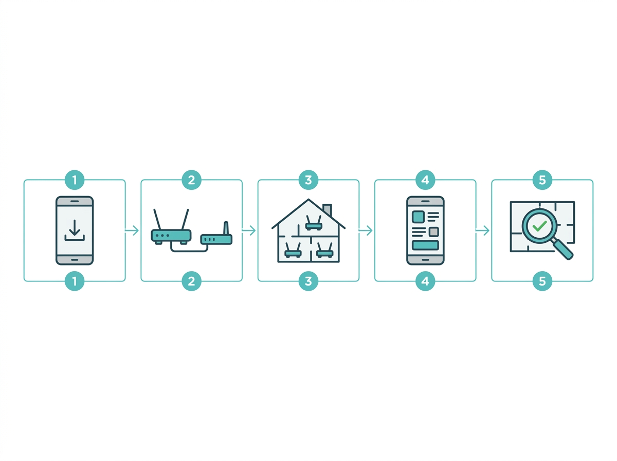 Five-step flow diagram showing how to set up a mesh WiFi system from downloading the app to testing the network