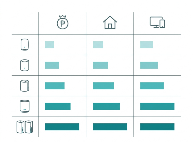 Decision summary chart matching budget, home size, and use case to the recommended Deco mesh WiFi model