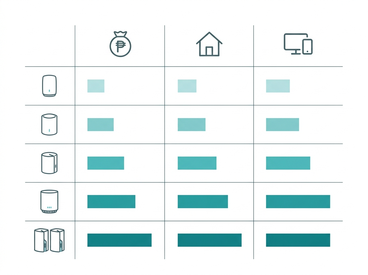Decision summary chart matching budget, home size, and use case to the recommended Deco mesh WiFi model