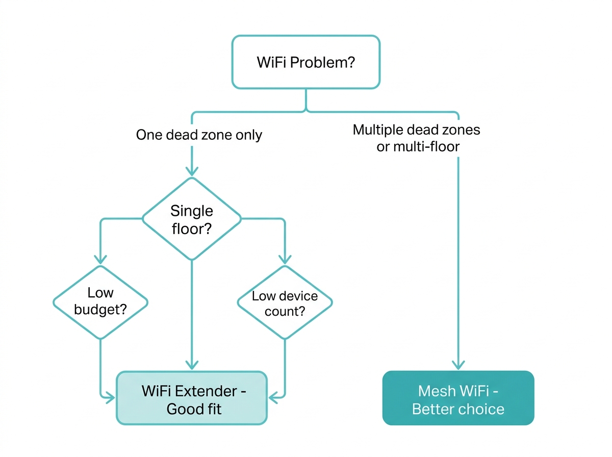 Decision flowchart helping readers choose between mesh WiFi and a WiFi extender based on their home situation