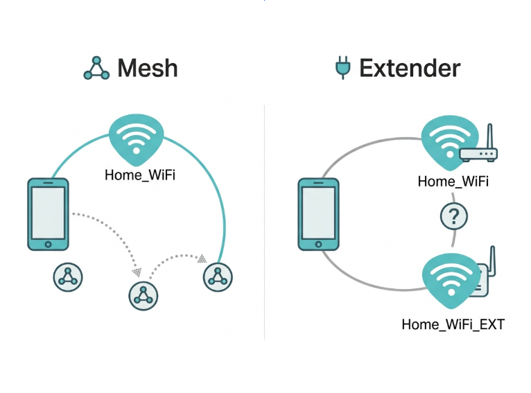 Diagram showing one unified network SSID from a mesh system versus two separate SSIDs from a router and extender pair