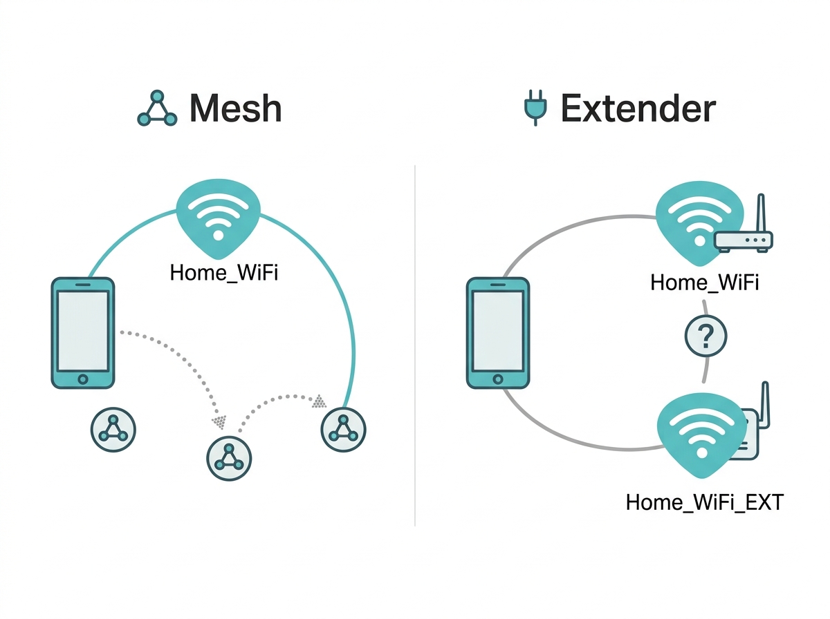 Diagram showing one unified network SSID from a mesh system versus two separate SSIDs from a router and extender pair