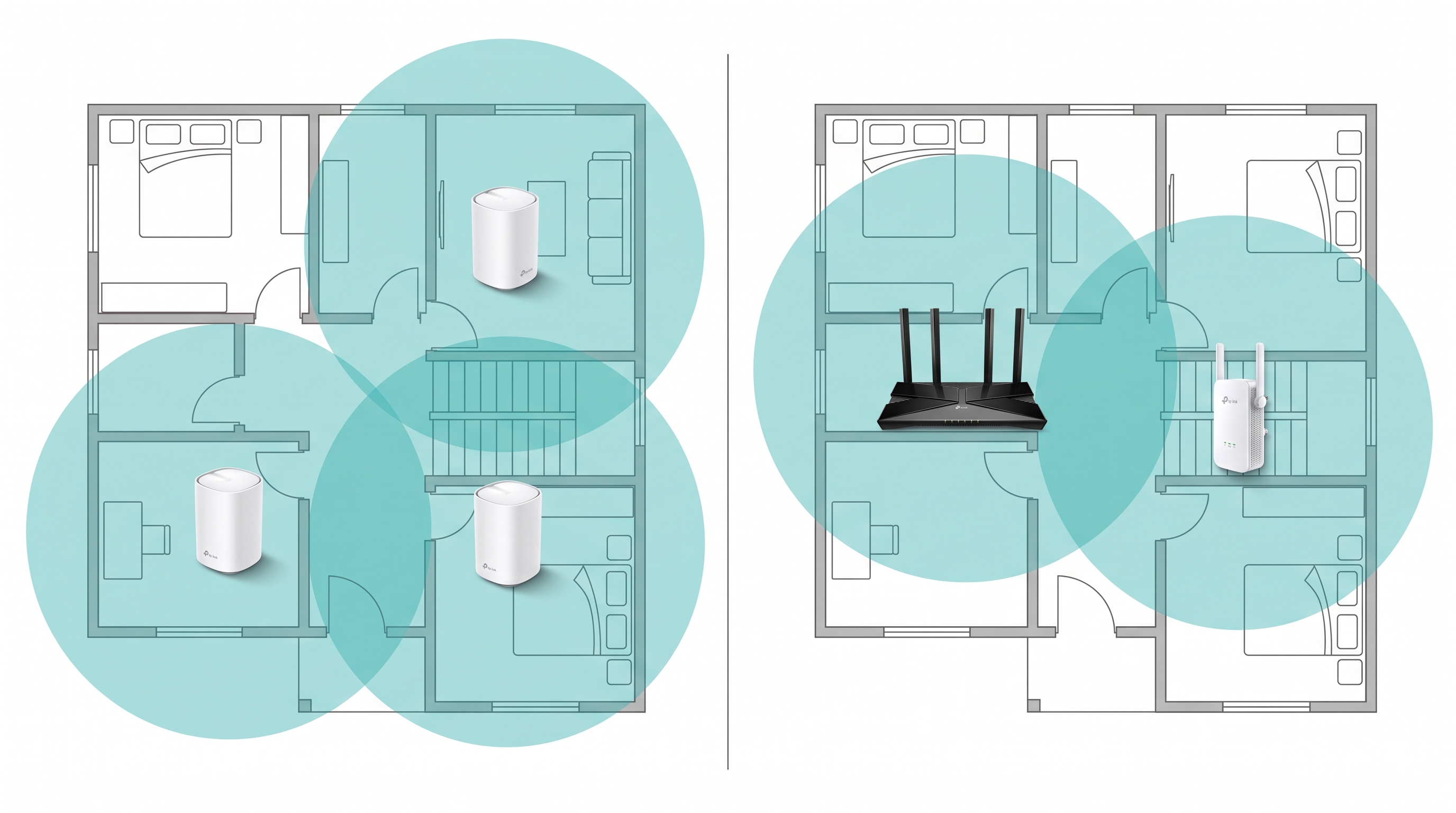 Split comparison showing real TP-Link Deco mesh nodes versus a router and extender covering a two-story Philippine home