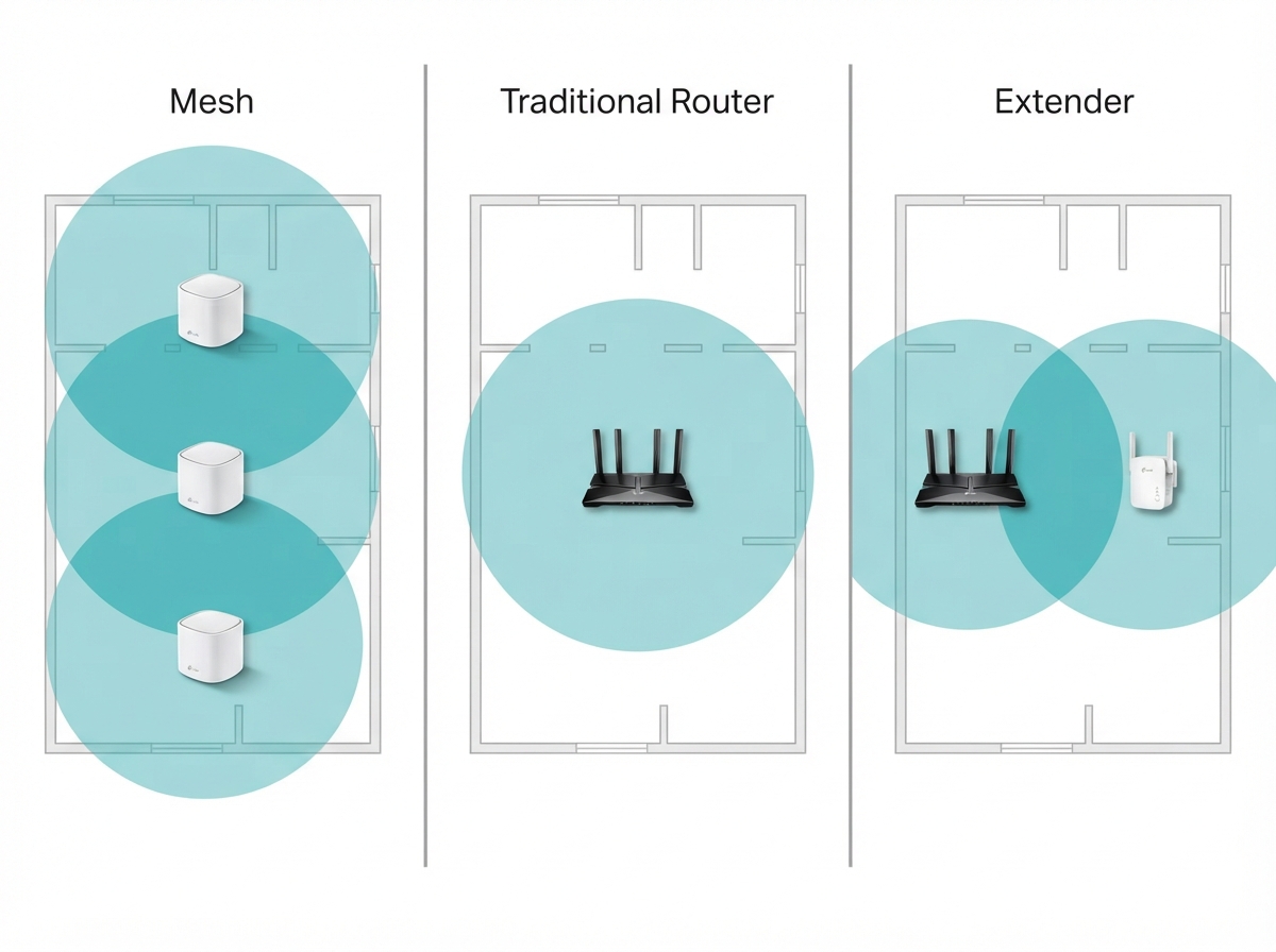 Side by side diagram comparing WiFi coverage from a real TP-Link Deco mesh system, a traditional router, and a WiFi range extender