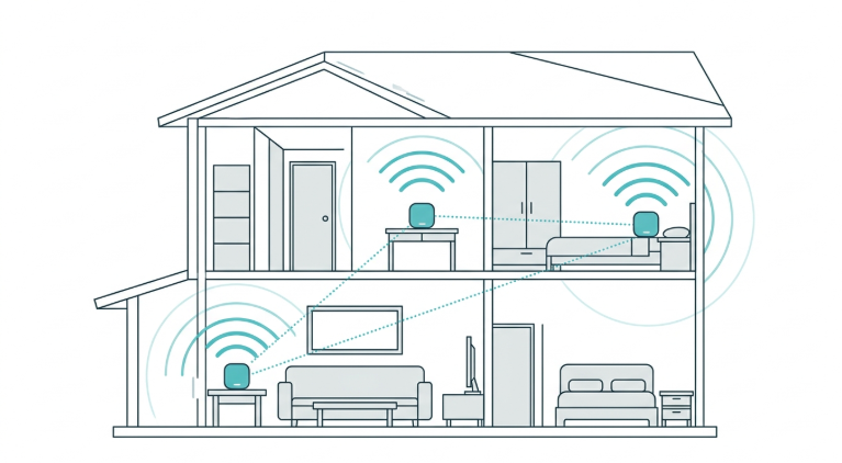 Mesh WiFi network diagram showing multiple connected nodes providing whole home coverage