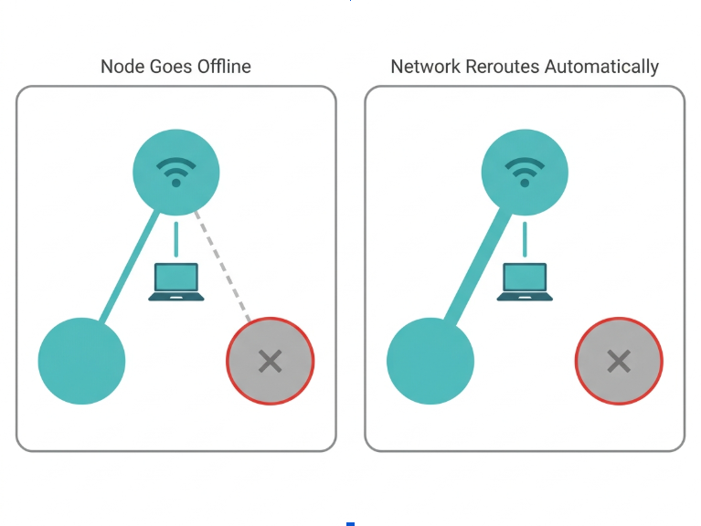 Diagram showing a mesh WiFi network automatically rerouting traffic when one node goes offline