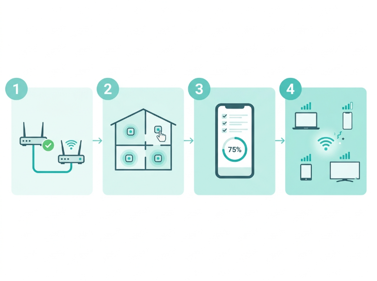 Four step illustration of mesh WiFi setup, from connecting the router to placing nodes and connecting devices