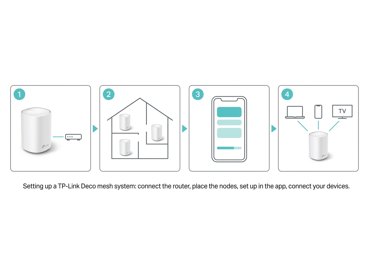 Four step illustration of mesh WiFi setup using a real TP-Link Deco system, from connecting the router to placing nodes and connecting devices