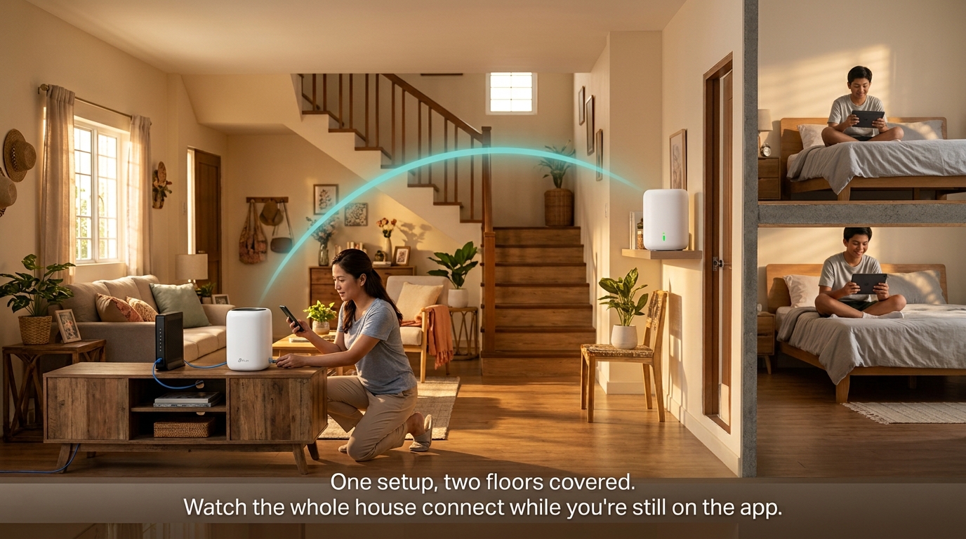 A two-story Philippine home comes alive with connected devices once a real TP-Link Deco mesh system is set up, one node downstairs and one upstairs
