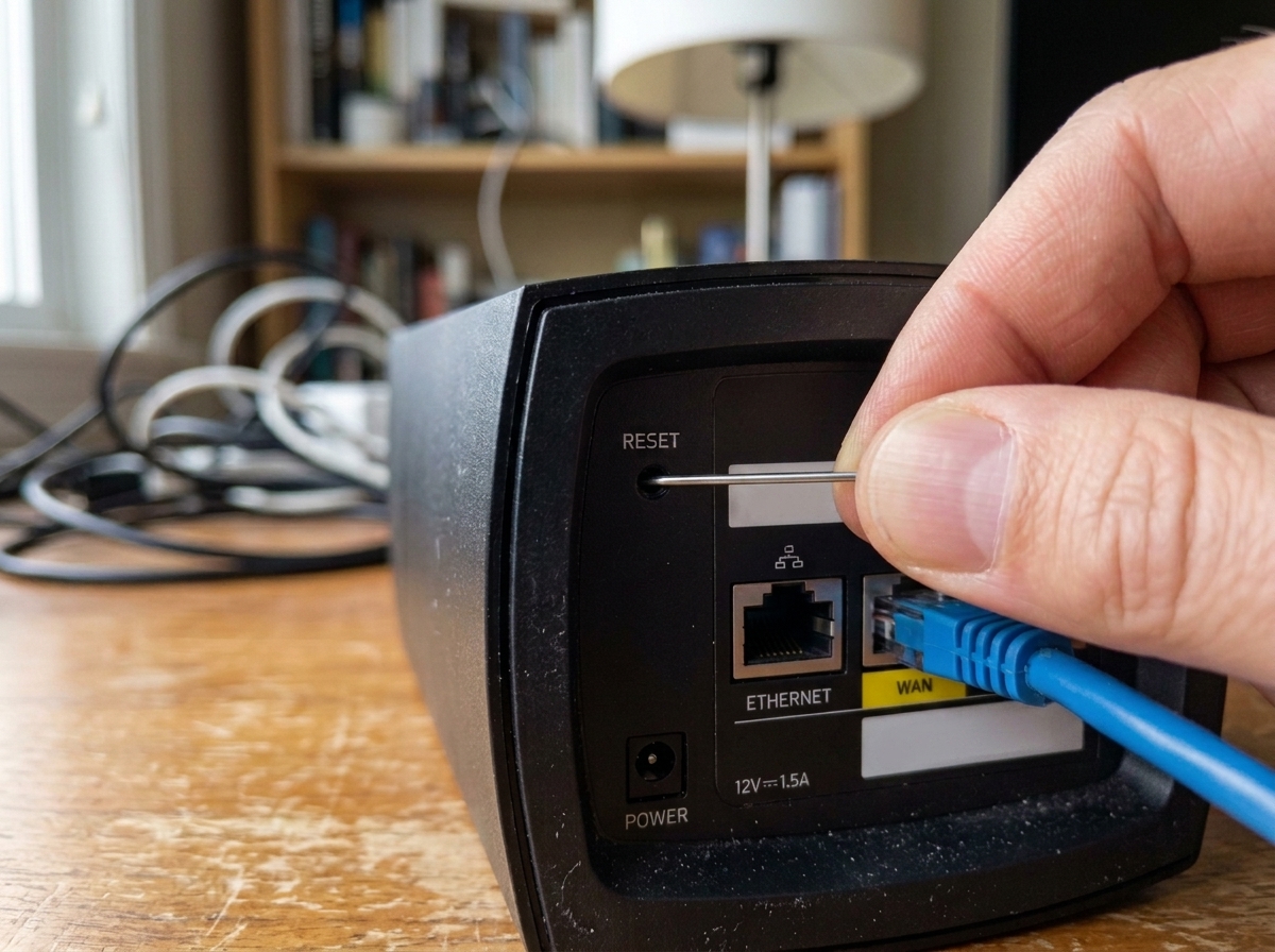 Pressing the recessed physical reset button on a TP-Link router with a paperclip