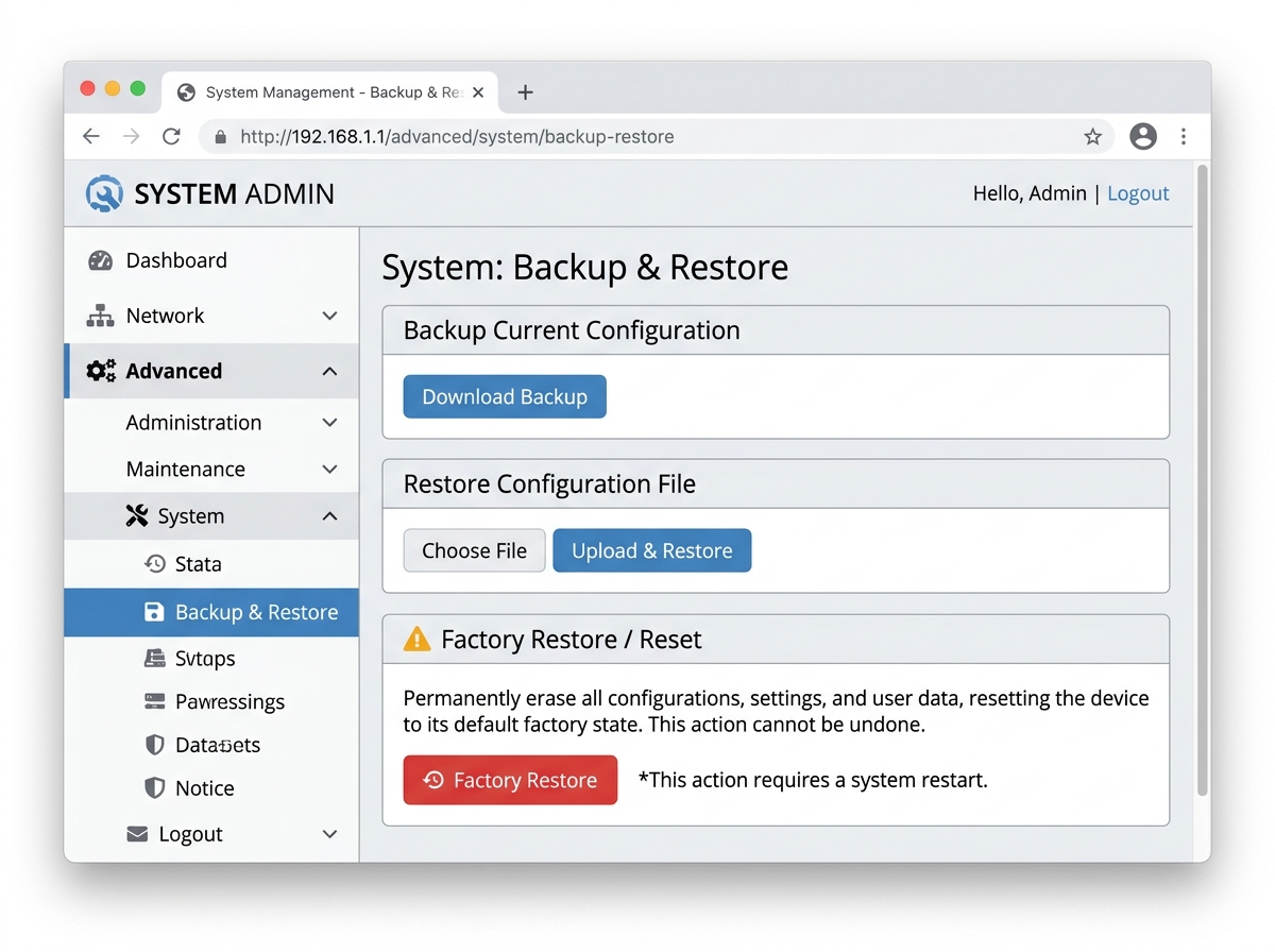 Web browser showing the Factory Restore option in a TP-Link router's admin panel