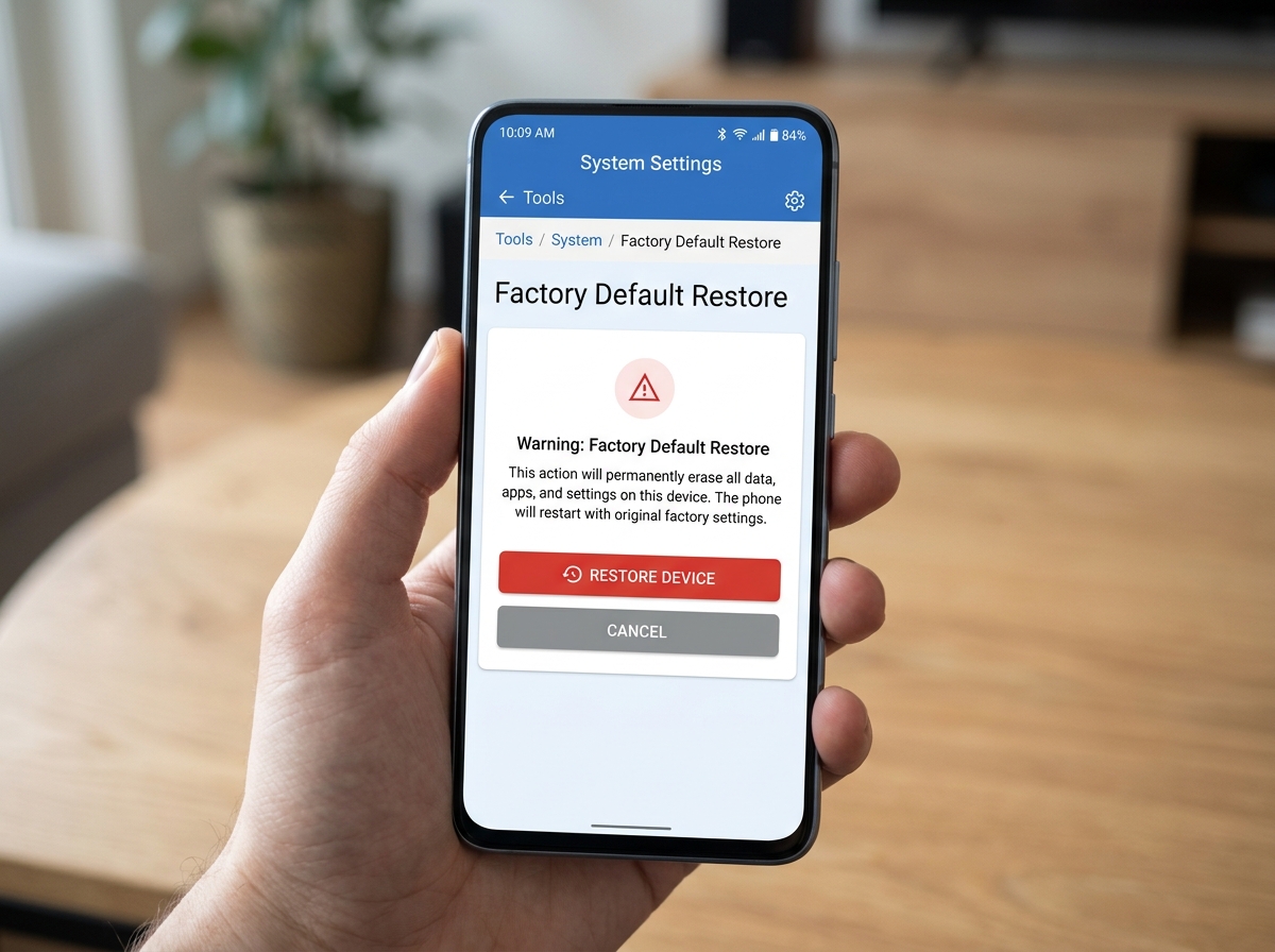 TP-Link Tether app screen showing the Factory Default Restore option