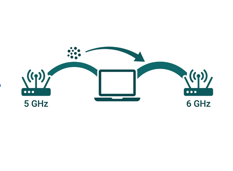 Flat diagram showing a device using Multi-Link Operation to switch between two Wi-Fi bands without dropping the connection.