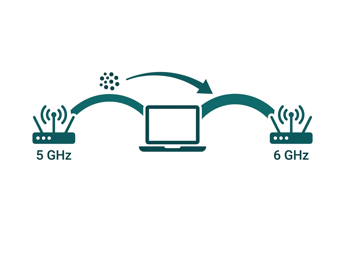 Flat diagram showing a device using Multi-Link Operation to switch between two Wi-Fi bands without dropping the connection.