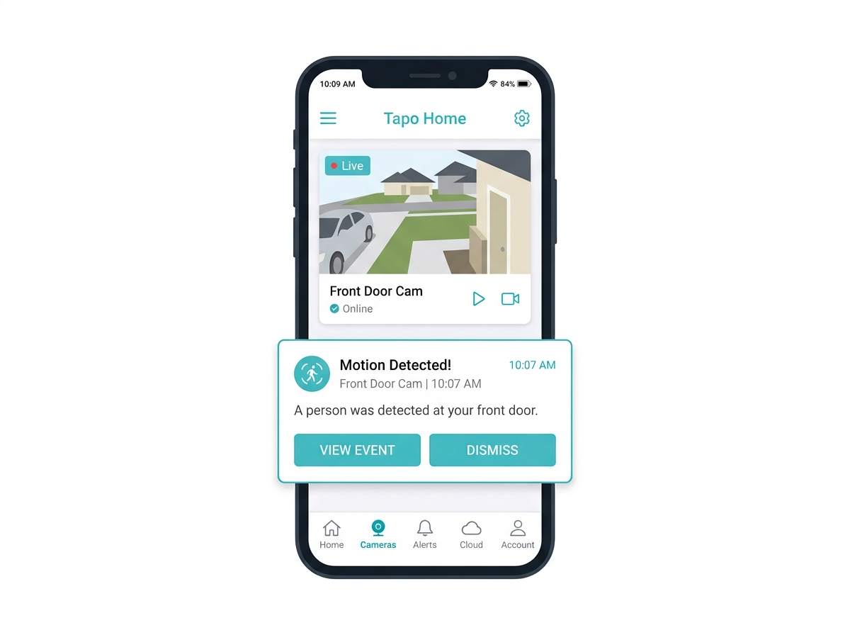 Alt text: Screenshot-style mockup of the Tapo mobile app showing a live camera feed and a motion alert notification Caption: Tapo app live view with a motion alert notification