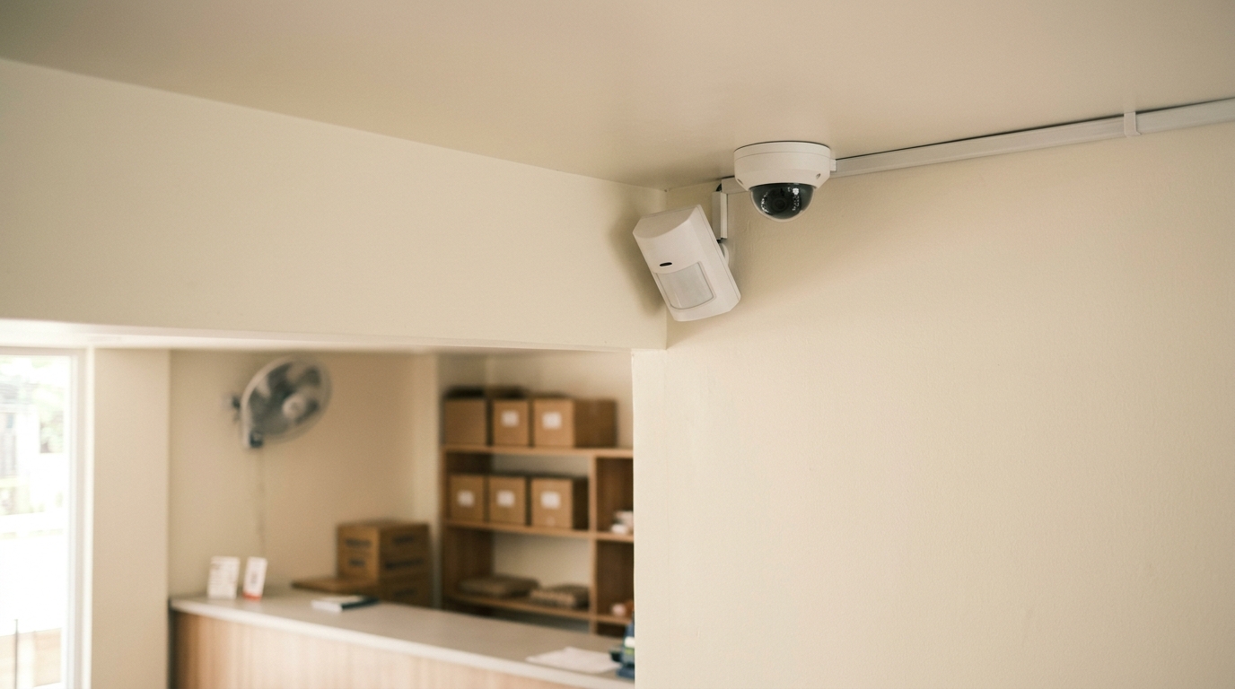 White ceiling-corner alarm sensor mounted next to a small dome camera on the same wall