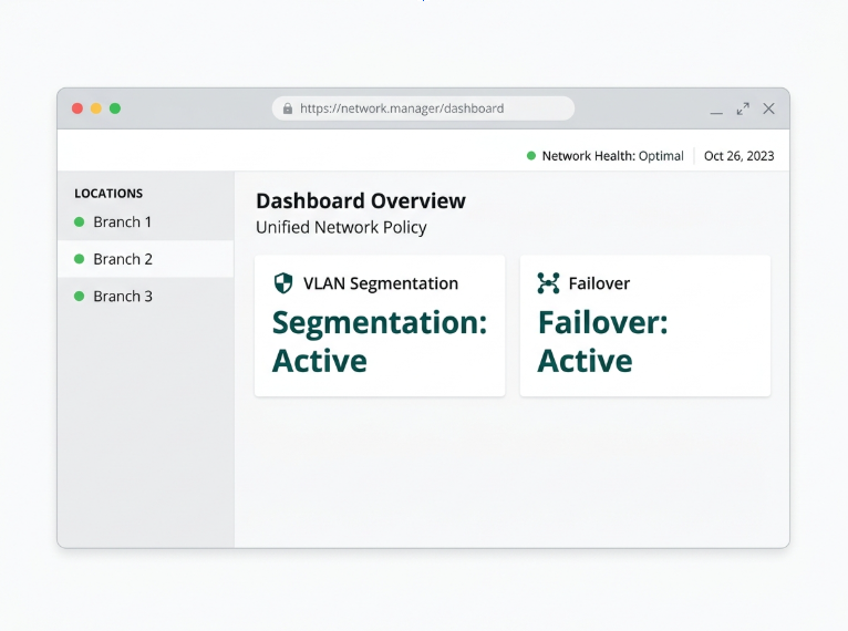 Flat mockup of a cloud dashboard managing network policy across multiple restaurant branch locations