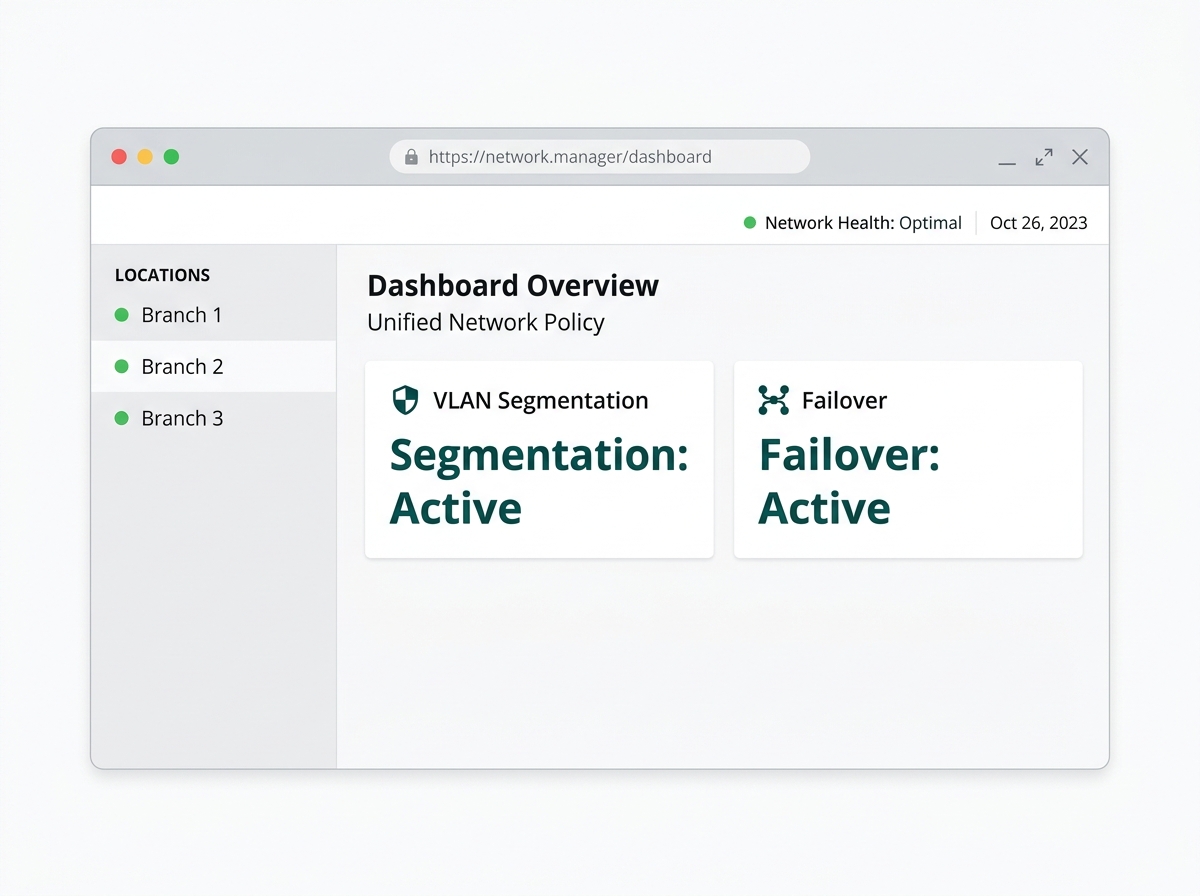 Flat mockup of a cloud dashboard managing network policy across multiple restaurant branch locations