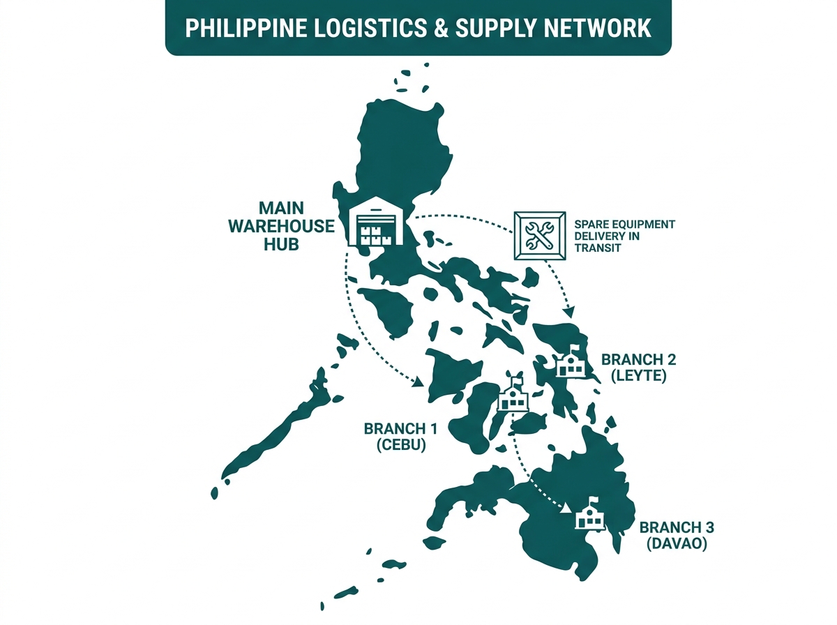 Infographic showing a shipping route from a central Philippine warehouse to branch locations across separate islands, with a spare equipment icon in transit