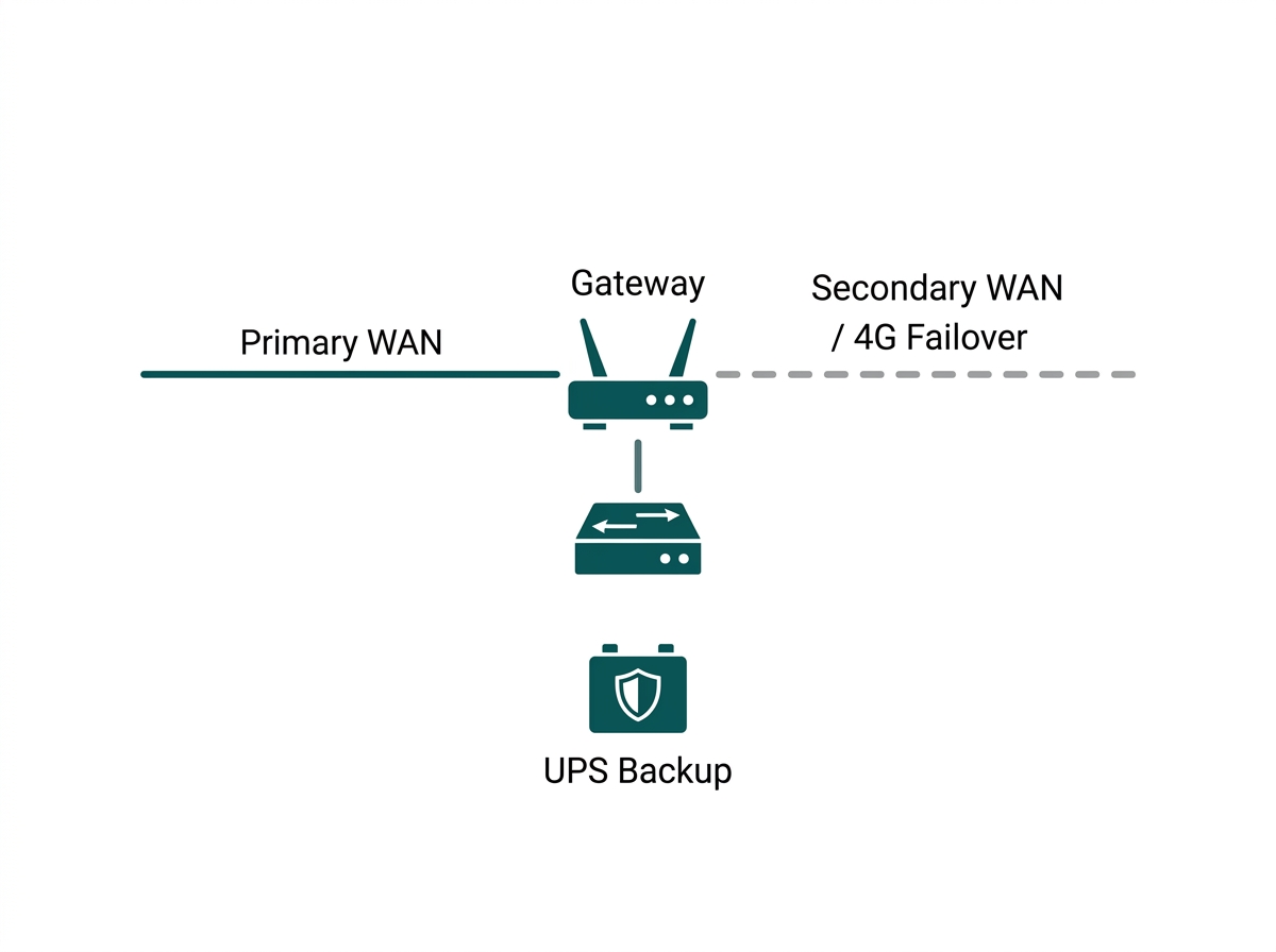 Flat diagram showing a network with a primary WAN connection, secondary WAN failover, and UPS backup protecting the switch and gateway